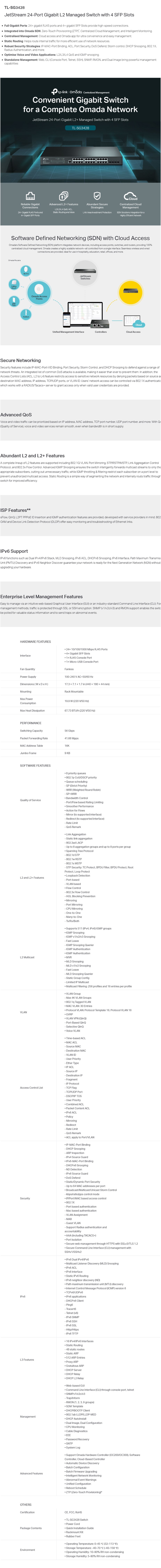 TP-Link TL-SG3428 24 Port Gigabit Switch 4 SFP Slots Omada SDN Integrated L2+ Smart Managed L2/L3/L4 QoS, IGMP & LAG