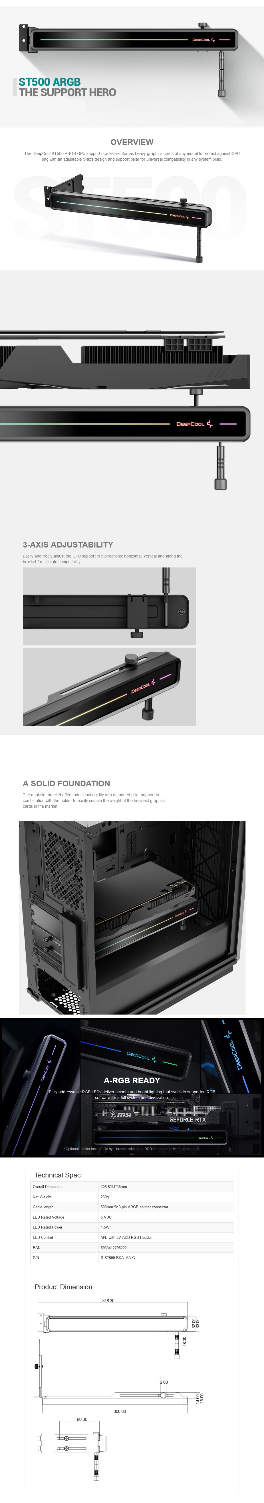 Deepcool ST500 ARGB GPU Support Bracket w/ Adjustable 3-Axis Design & Support Pillar