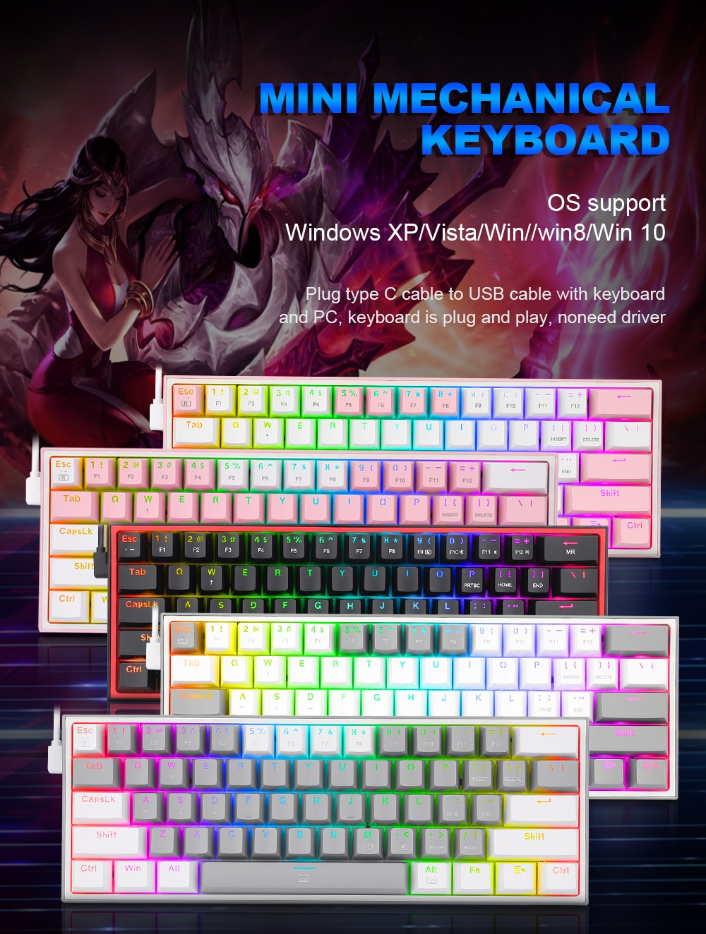 Redragon K617 Fizz RGB 60% 61 Keys Detachable Cable Mechanical Red Switches - Black