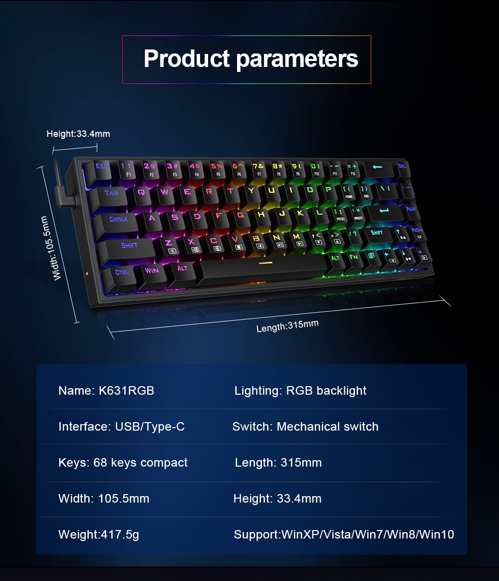 Redragon K631 Castor 65% Wired RGB 68 Keys Hot-Swappable w/100% Hot-Swap Socket - Red Linear Switch