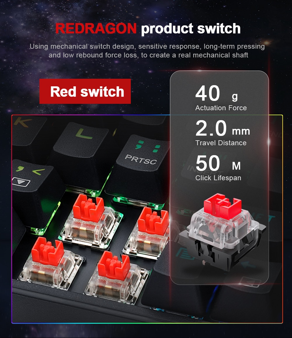 Redragon K631 Castor 65% Wired RGB 68 Keys Hot-Swappable w/100% Hot-Swap Socket - Red Linear Switch