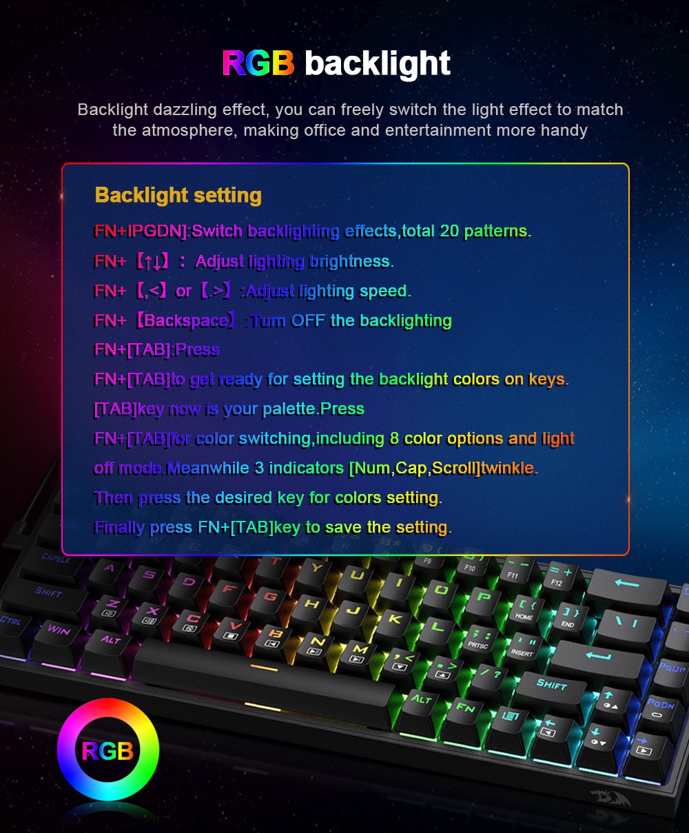 Redragon K631 Castor 65% Wired RGB 68 Keys Hot-Swappable w/100% Hot-Swap Socket - Red Linear Switch