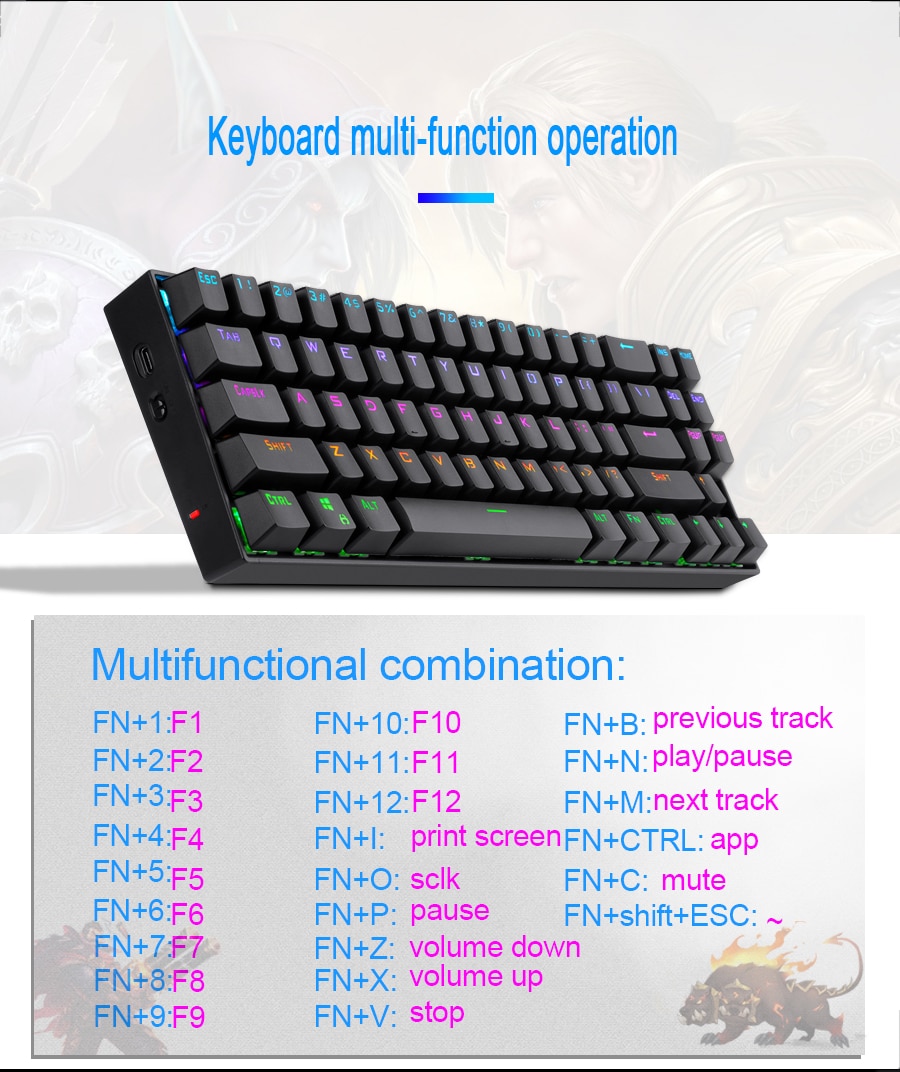 Redragon K599-KRS Wire & Wireless 60% Compact 70 Key Tenkeyless RGB Backlit Computer - Red Switch