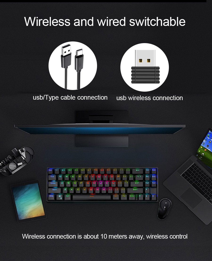 Redragon K599-KRS Wire & Wireless 60% Compact 70 Key Tenkeyless RGB Backlit Computer - Red Switch